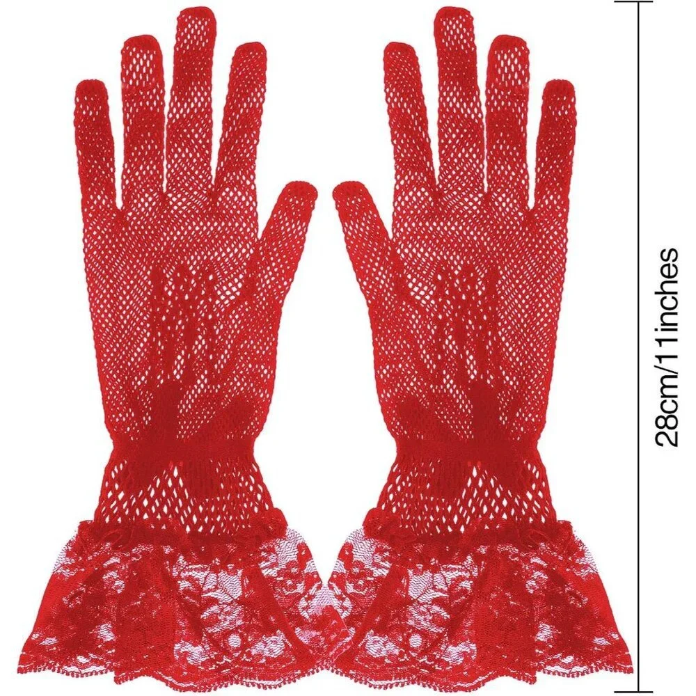 Women's Elegant Wine Red Short Bow Style Lace Gloves Dinner Wedding Party Prom